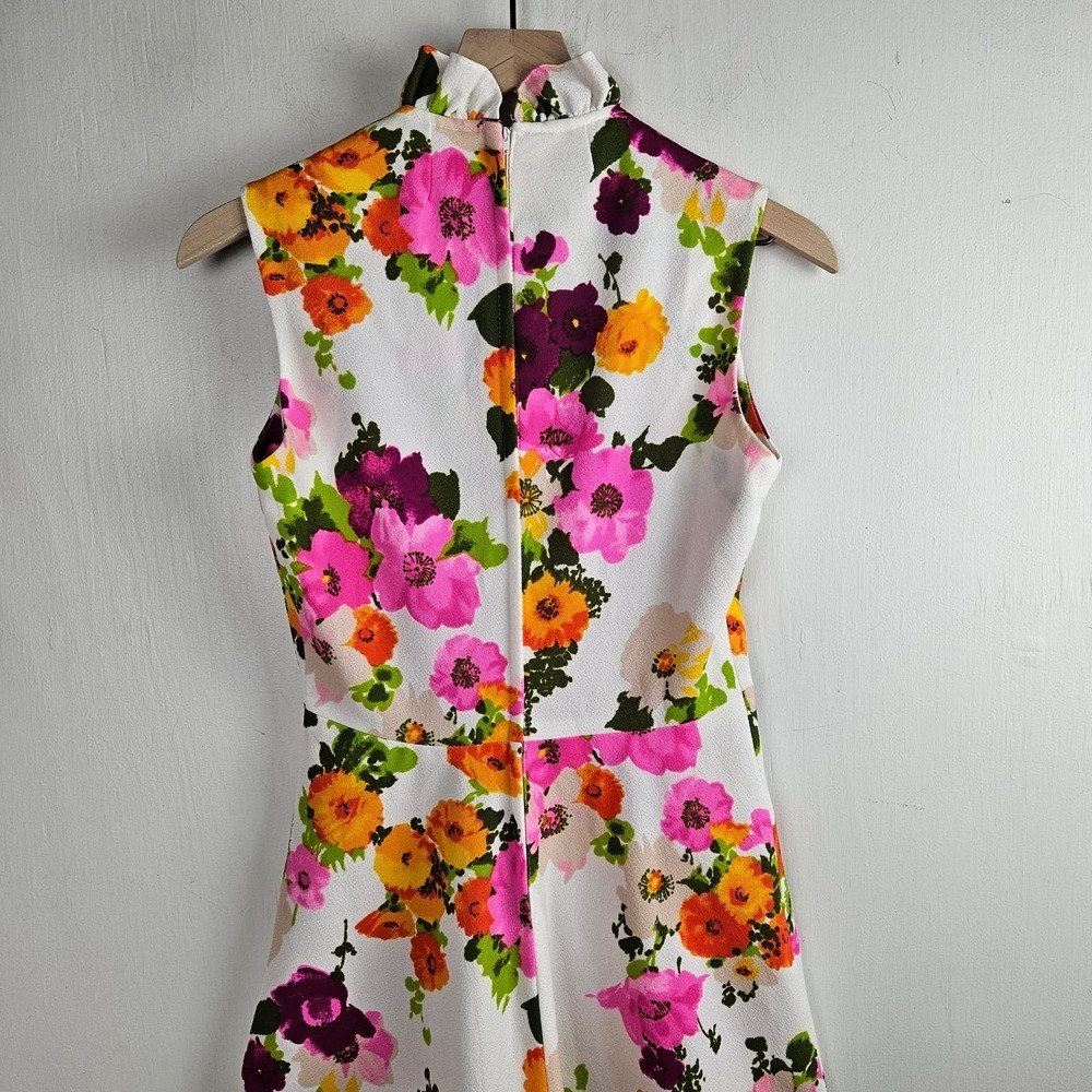 Vintage 70s Floral Maxi Dress Sleeveless S? Ruffle Neck White Pink Orange - Picture 11 of 11